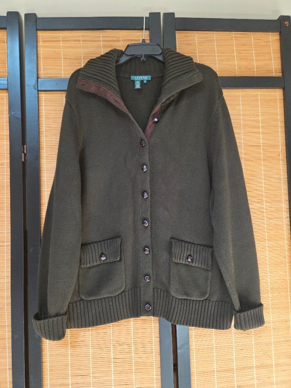Ralph Lauren Sweater 3X Suede Elbow Patch Leather Button Cardigan Pockets Green